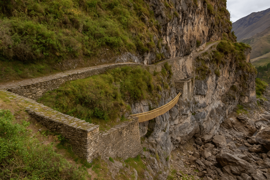 Ancient Inca road system with rope suspension bridge spanning a deep gorge in the Andes