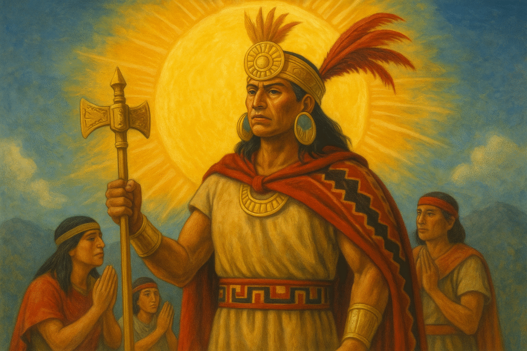 Inca ruler in front of a golden sun representing Inti, surrounded by followers in traditional Inca clothing, symbolizing divine descent in Inca religion.