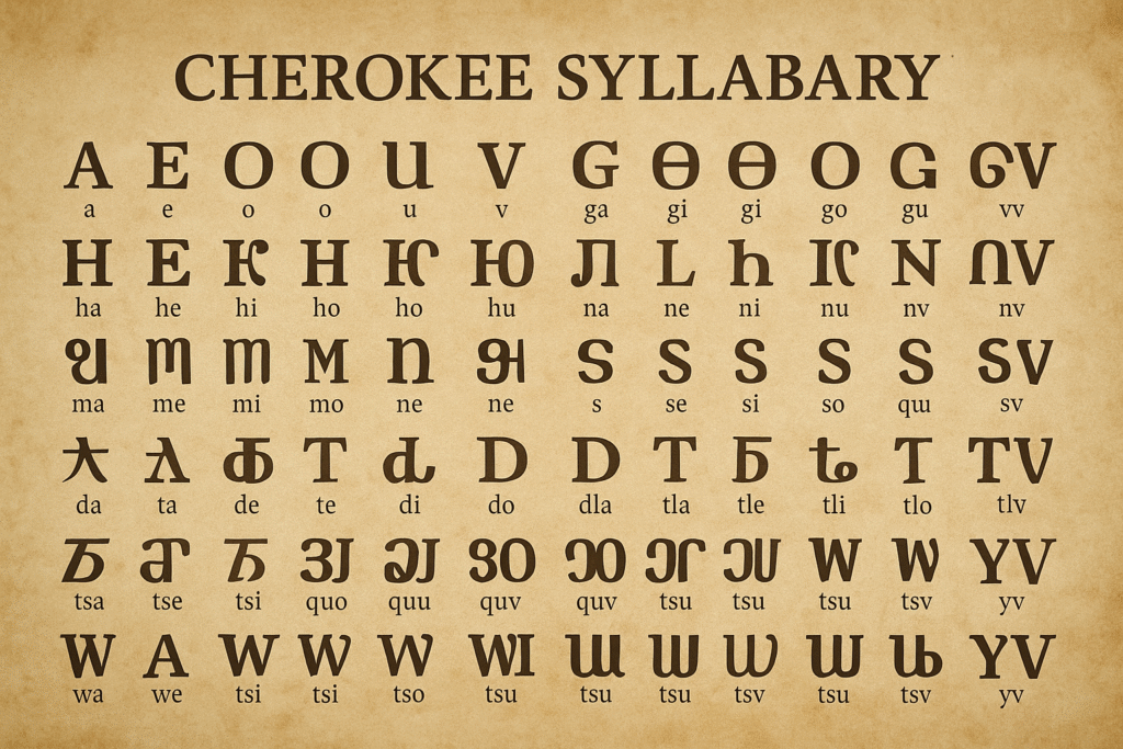 Cherokee syllabary chart displayed on parchment