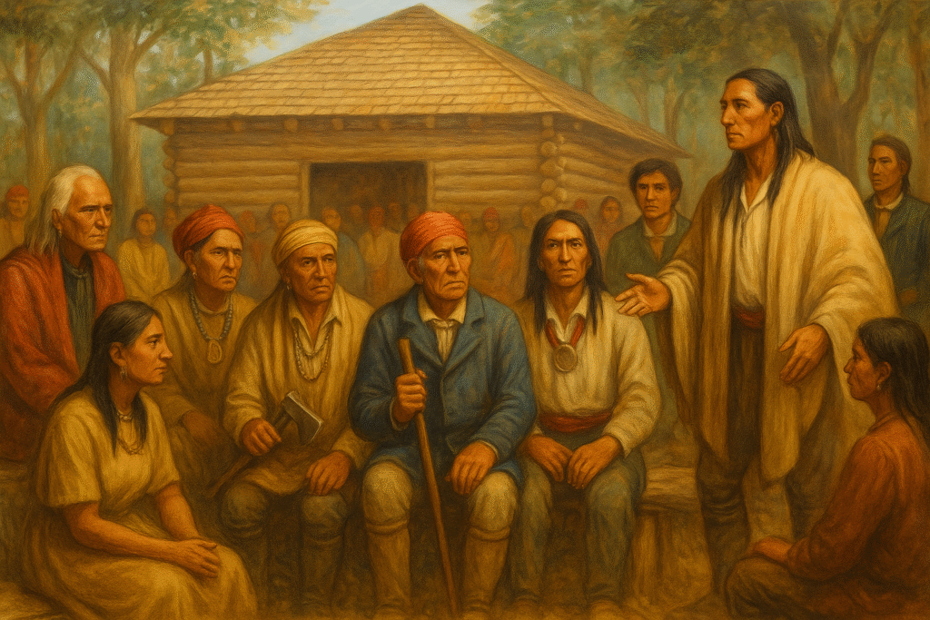 Cherokee council meeting near a log cabin in a forest setting.