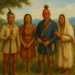 Cherokee men and women in traditional clothing standing in their native lands.