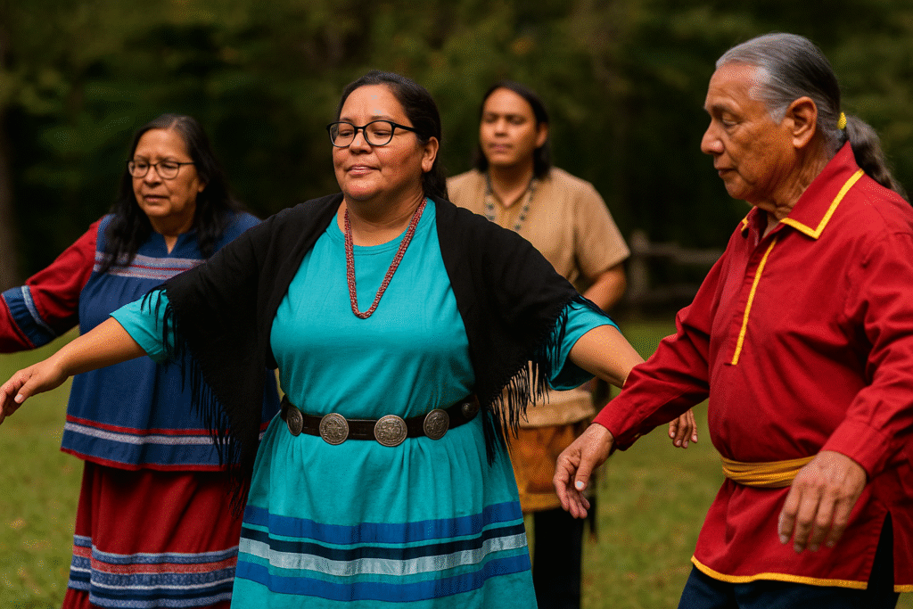 Modern Cherokee people performing traditional dances in native dress.