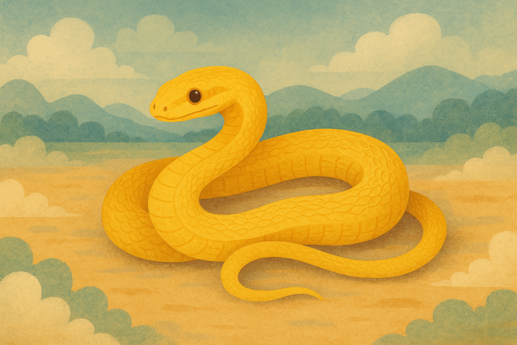 dream interpretation. A coiled yellow snake resting in a dreamy landscape representing transformation and awareness.