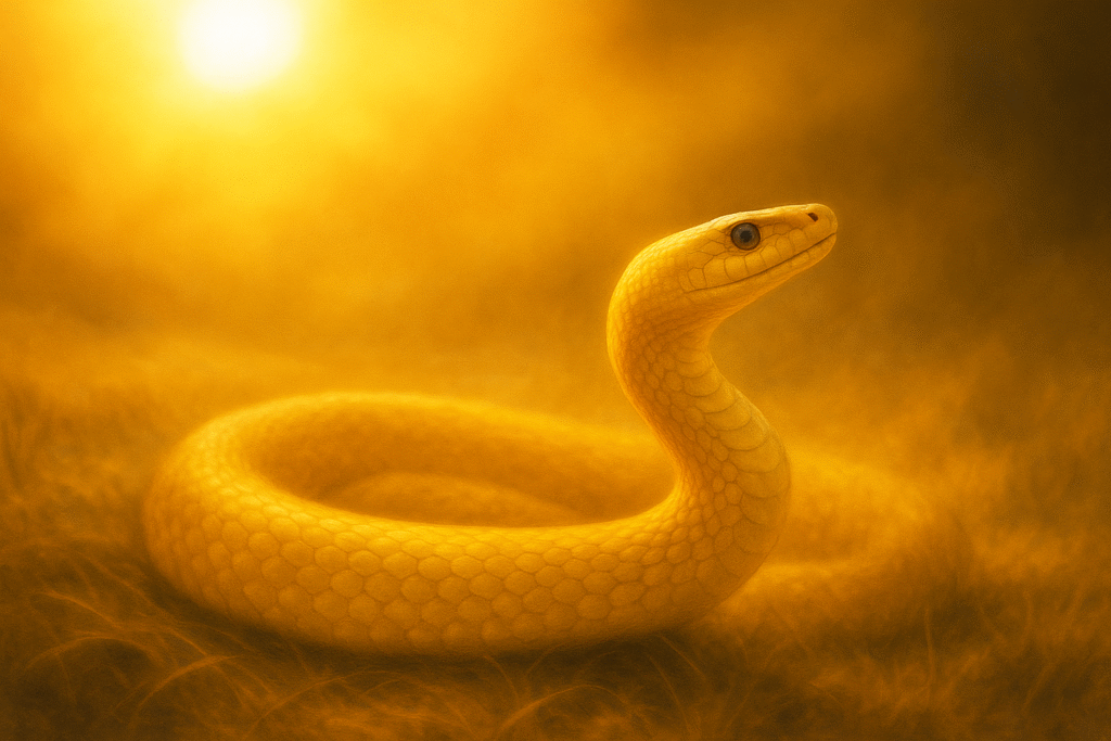 A large yellow snake glowing under sunlight symbolizing awakening and inner strength.