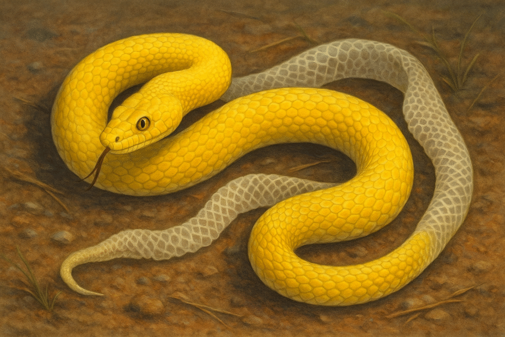 snake dreams. A yellow snake shedding its skin symbolizing rebirth and new beginnings.