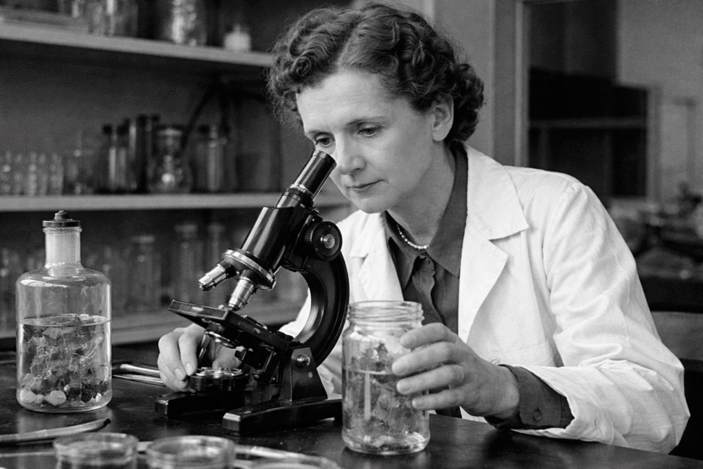 Rachel Carson examining marine specimens in a laboratory during her early scientific career