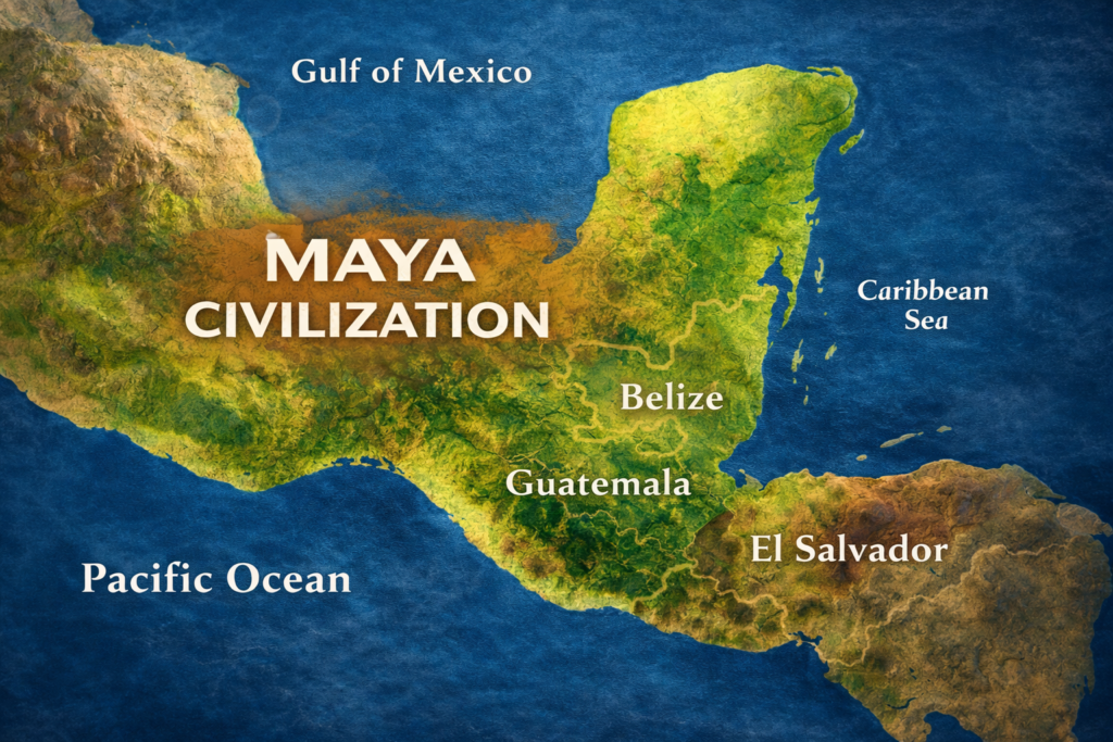 map showing where the Maya civilization lived in Central America