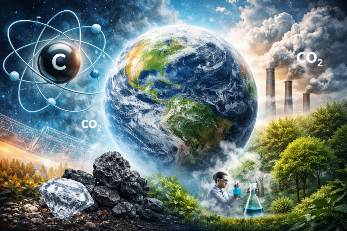 Facts about carbon shown through Earth, carbon atoms, CO₂ emissions, and nature, highlighting carbon’s impact on life and climate