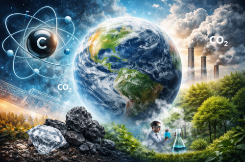 Facts about carbon shown through Earth, carbon atoms, CO₂ emissions, and nature, highlighting carbon’s impact on life and climate