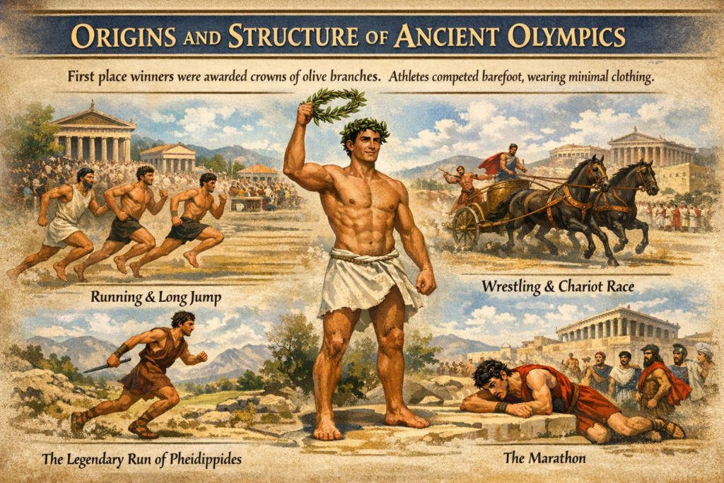 Ancient Greek Olympic athletes competing in running, wrestling, and chariot races, with a victor holding an olive wreath at Olympia.