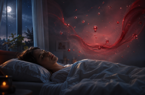 Sleeping woman beneath dreamlike red swirls symbolising blood in dream meaning, emotional healing, life energy, and personal transformation.