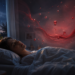 Sleeping woman beneath dreamlike red swirls symbolising blood in dream meaning, emotional healing, life energy, and personal transformation.