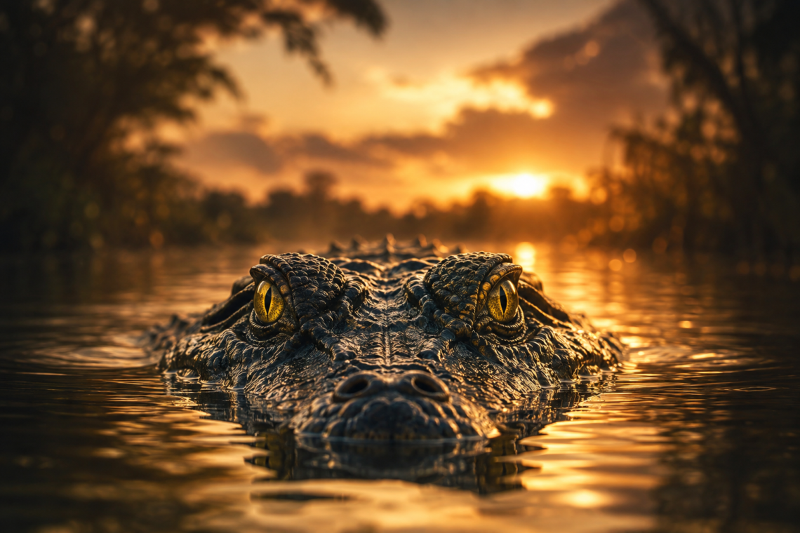 Crocodile emerging from water at sunset representing crocodile dream meaning