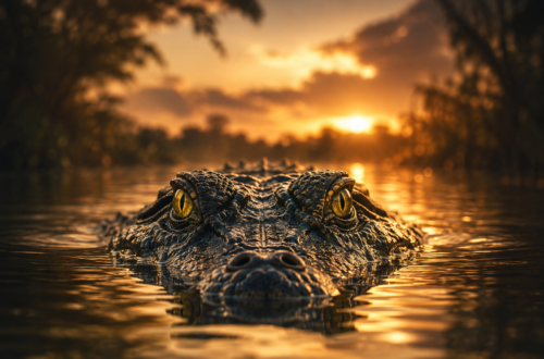 Crocodile emerging from water at sunset representing crocodile dream meaning