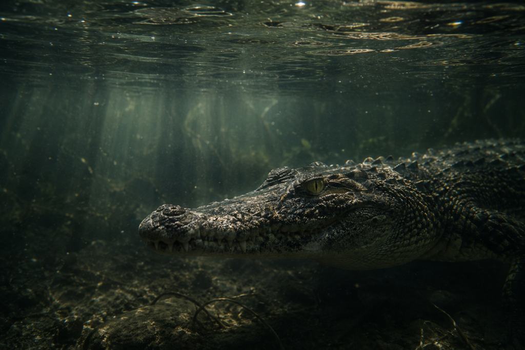 Crocodile swimming beneath murky water symbolising hidden emotions in dreams