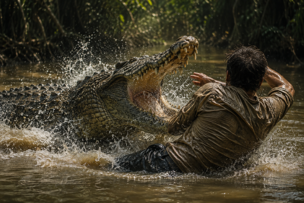 Crocodile attacking a human in water representing fear and confrontation in dreams