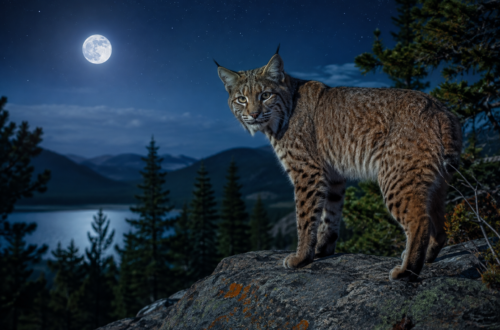 Bobcat standing on a rocky ledge beneath a full moon, overlooking a forest, lake, and distant mountains at night.