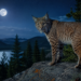 Bobcat standing on a rocky ledge beneath a full moon, overlooking a forest, lake, and distant mountains at night.
