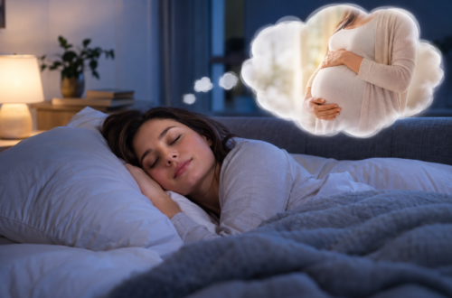A woman sleeping in bed while dreaming of pregnancy, representing the meaning of being pregnant in a dream, new beginnings, and personal growth.